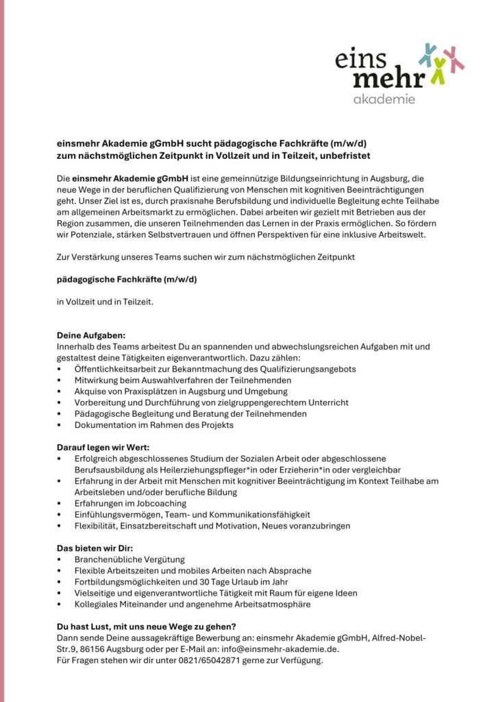 Stellenausschreibung pädagogische Fachkraft